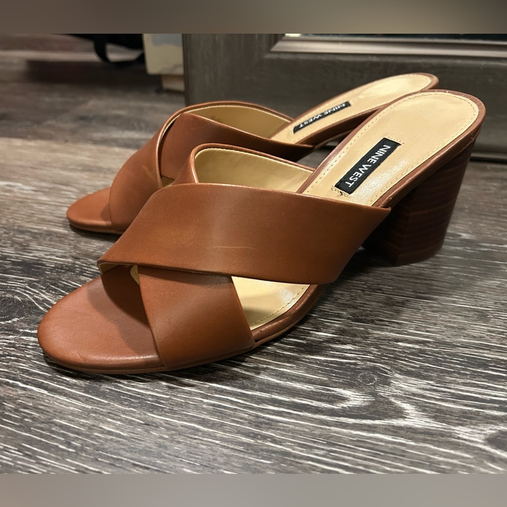 Nine West Brown Crisscross Leather Mule Heels